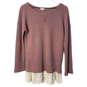 Hem & Thread Purple Waffle Knit Sweater with Cream Lace Trim M.